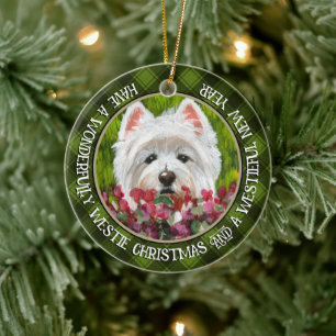 Westie and Pink Flowers Ceramic Ornament