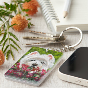 Westie and Pink Flowers Key Ring