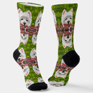 Westie and Pink Flowers Socks