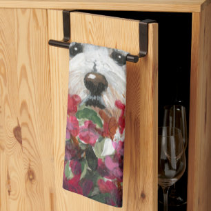 Westie and Pink Flowers Tea Towel