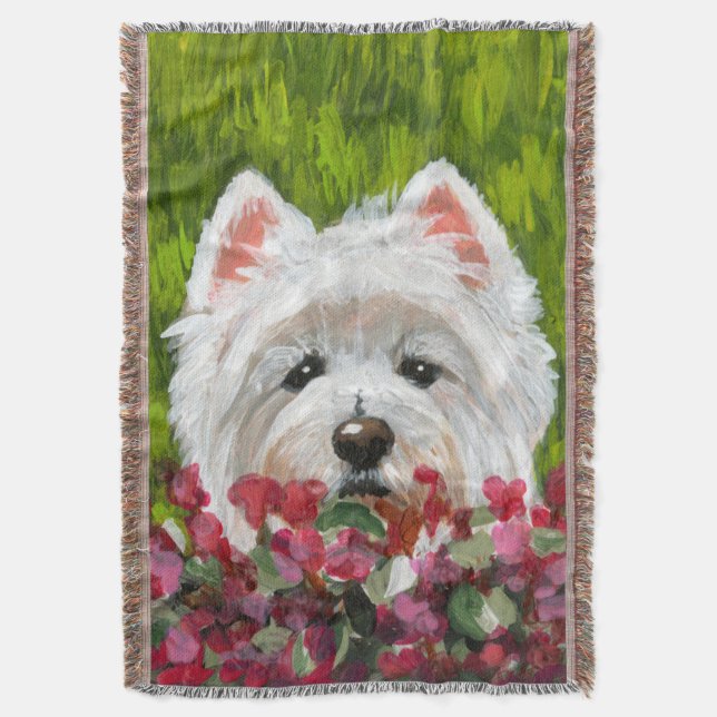 Westie and Pink Flowers Throw Blanket (Front Vertical)