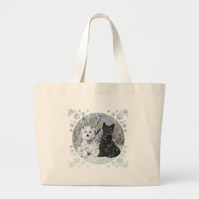 Westie and Scottie in Snowy Landscape Large Tote Bag (Front)