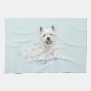 Westie Bath Time Fun Tea Towel