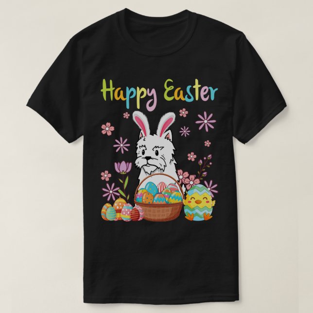 Westie Bunny Dog Dancing Flower Eggs Chick Happy E T-Shirt (Design Front)