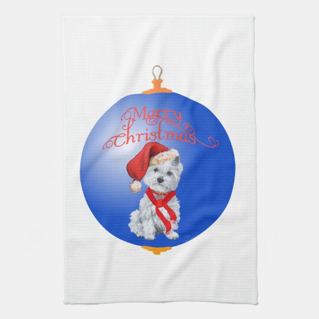 Westie Christmas Ornament Tea Towel (Vertical)