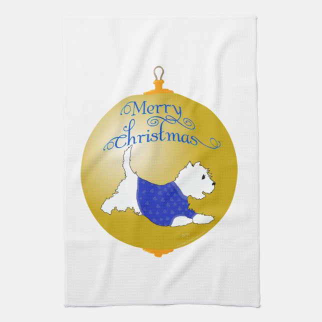 Westie Christmas Ornament Tea Towel (Vertical)