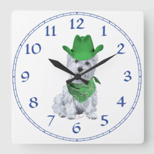Westie Cowboy in Green Square Wall Clock