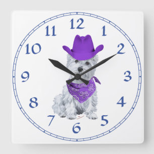 Westie Cowboy in Purple Square Wall Clock
