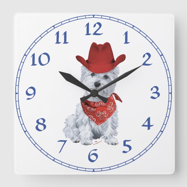 Westie Cowboy in Red Square Wall Clock (Front)