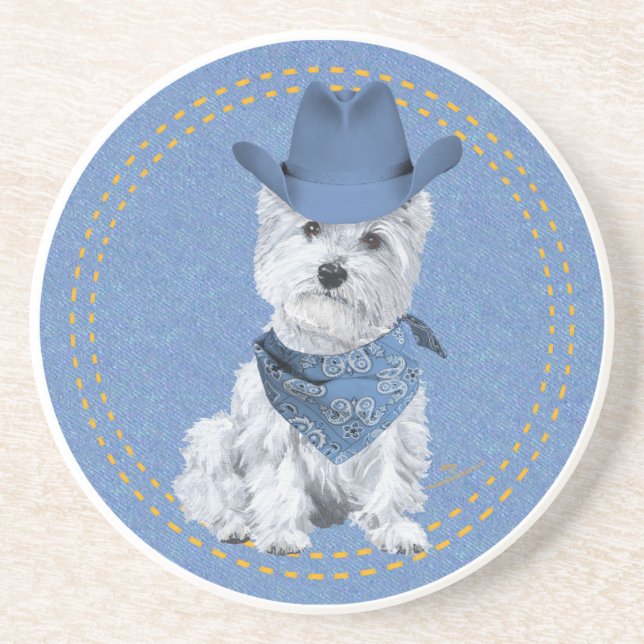 Westie Cowboy on Denim Coaster (Front)