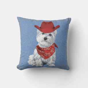 Westie Cowboy on Denim Cushion