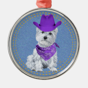 Westie Cowboy on Denim Metal Ornament