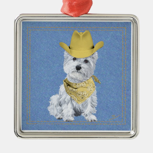 Westie Cowboy on Denim Metal Tree Decoration (Front)