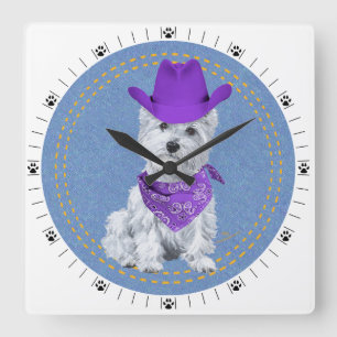 Westie Cowboy on Denim Square Wall Clock