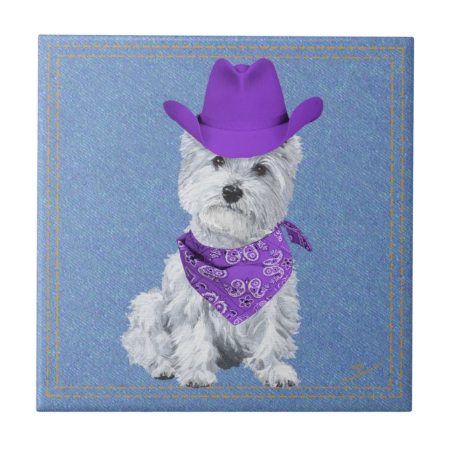 Westie Cowboy on Denim Tile (Front)
