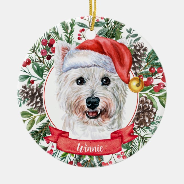 Westie Custom Santa Hat Dog Christmas Ornament (Front)