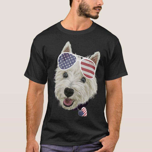 Westie Dog Fourth Of July USA Flag Glasses And Hea T-Shirt (Front)