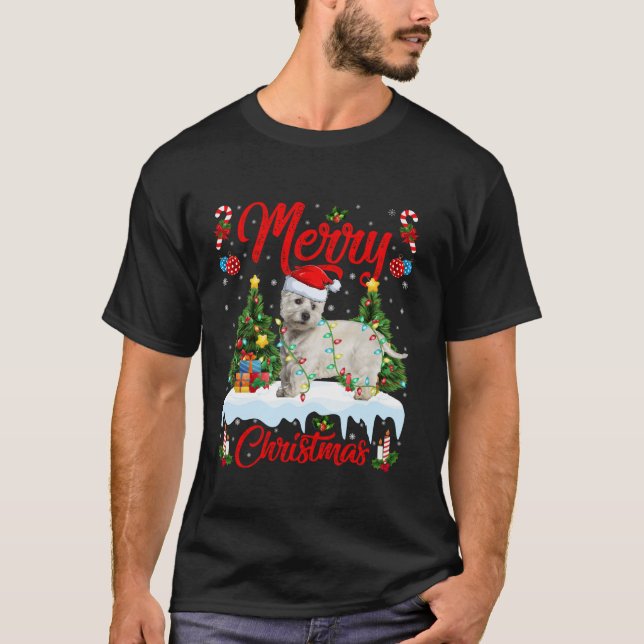 Westie Dog Merry Christmas Tree Lighting Westie Xm T-Shirt (Front)