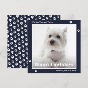 Westie Dog Paw Prints Pet Photo Blue Holiday Card