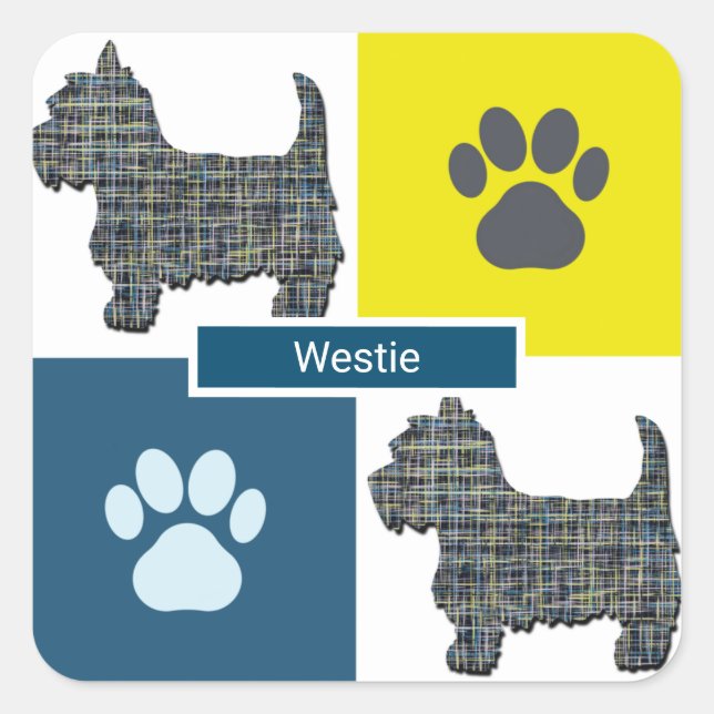 Westie Dog & Paw Y&B Grid Square Sticker (Front)