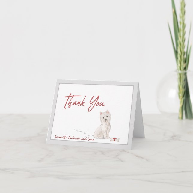 Westie Dog Personalised & Bone Red Ribbon  Thank You Card (Front)