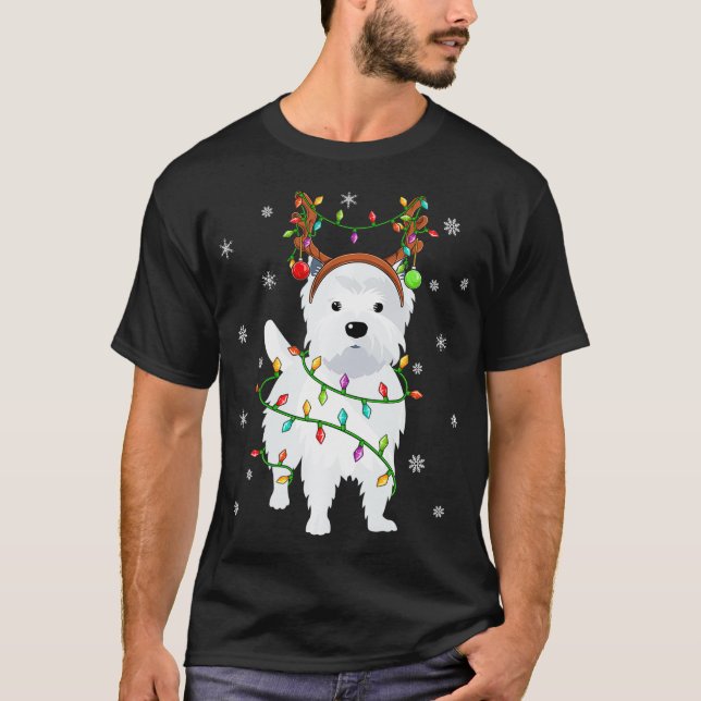 Westie Dog Xmas Lighting Reindeer Hat Westie Chris T-Shirt (Front)