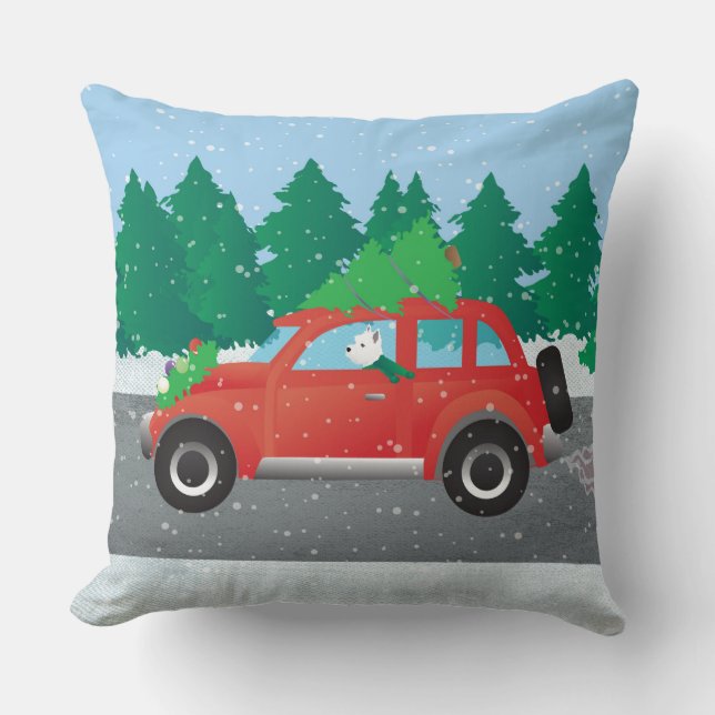 Westie Driving Christmas Car with tree on top Cushion (Front)