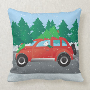 Westie Driving Christmas Car with tree on top Cushion