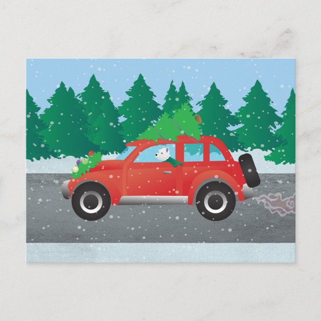 Westie Driving Christmas Car with tree on top Holiday Postcard (Front)
