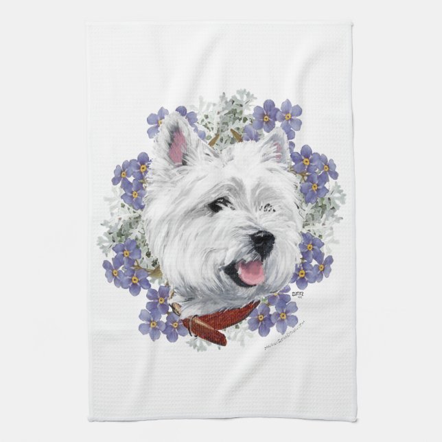 Westie Forget Me Not Tea Towel (Vertical)