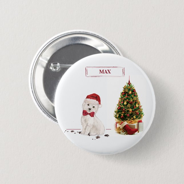 Westie Funny Christmas Dog with Tree 6 Cm Round Badge (Front & Back)