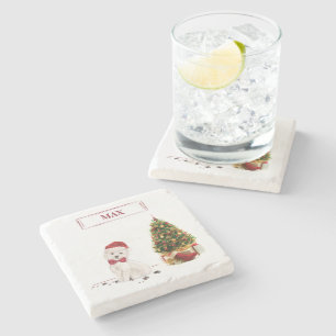Westie Funny Christmas Dog with Tree Stone Coaster