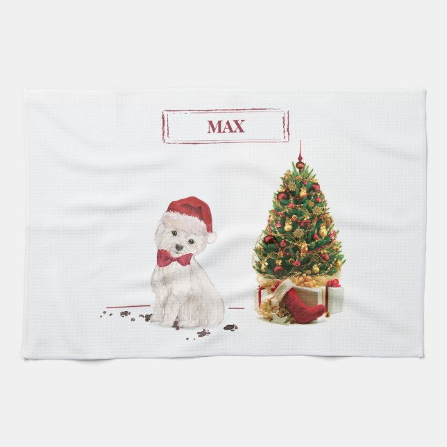 Westie Funny Christmas Dog with Tree Tea Towel (Horizontal)