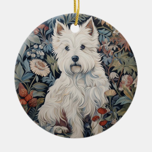 Westie Garden Tapestry in William Morris Style Ceramic Ornament (Front)