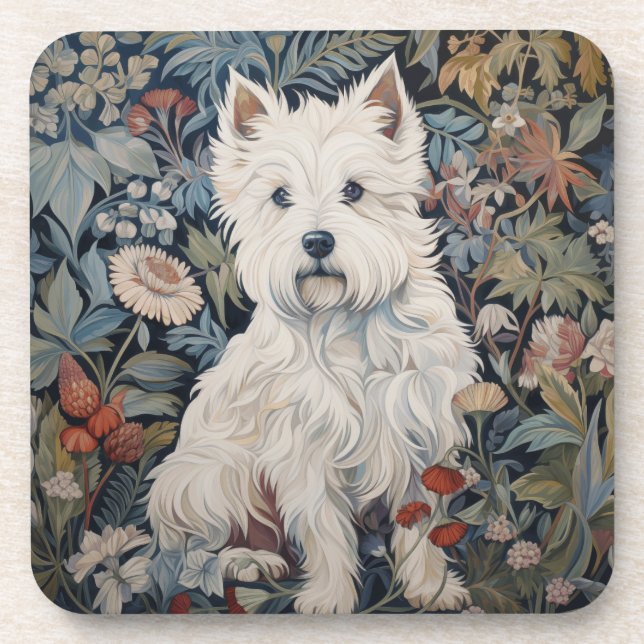 Westie Garden Tapestry in William Morris Style Coaster (Front)