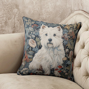 Westie Garden Tapestry in William Morris Style Cushion