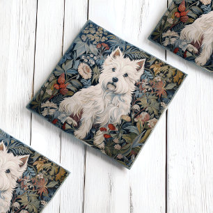Westie Garden Tapestry in William Morris Style Glass Coaster