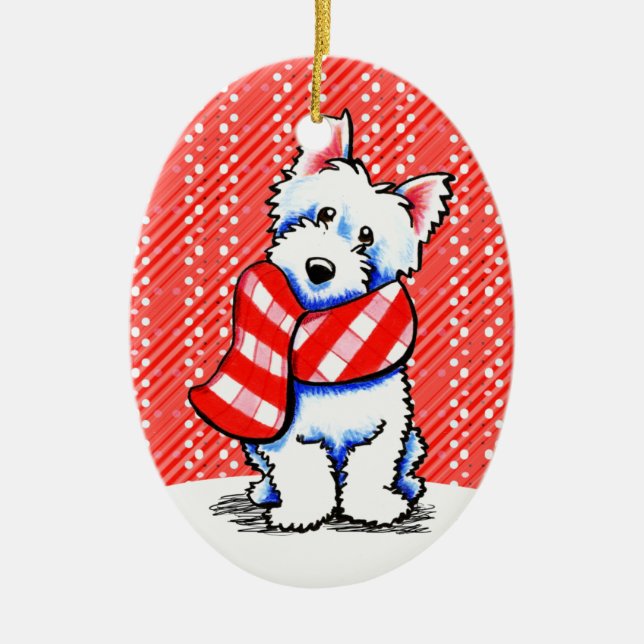 Westie Happy Plaid Scarf Winter Ceramic Tree Decoration (Front)