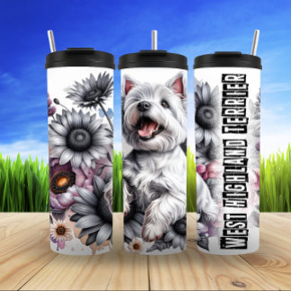 Westie in Floral Grayscale Thermal Tumbler