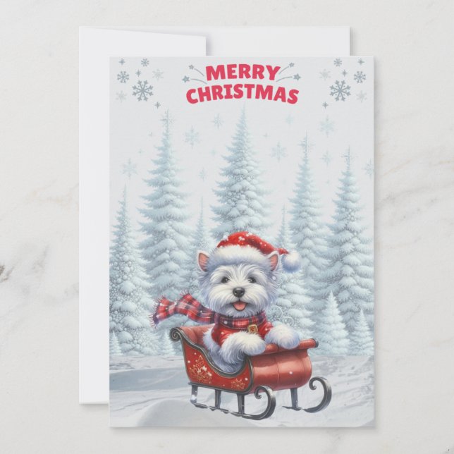 Westie in Sled Merry Christmas Card (Front)