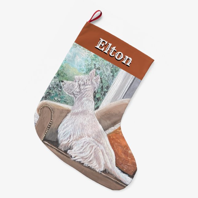 Westie Looking Out a Window Large Christmas Stocking (Front (Hanging))