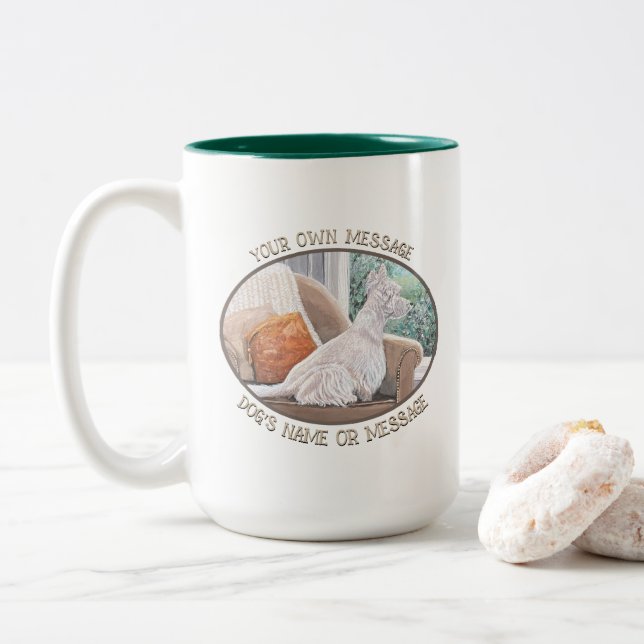 Westie Looking Out a Window Two-Tone Coffee Mug (With Donut)