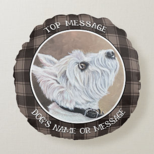 Westie Looking Up Profile B Round Cushion