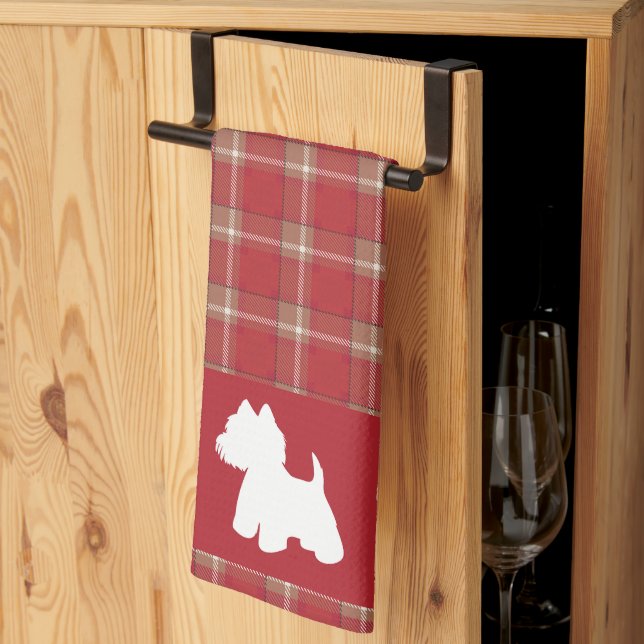 Westie on a red tartan background tea towel (Thirds Fold)