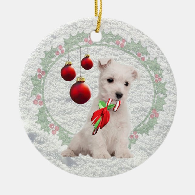 Westie Puppy Hugs & Kisses &Warm Christmas Wishes Ceramic Ornament (Front)