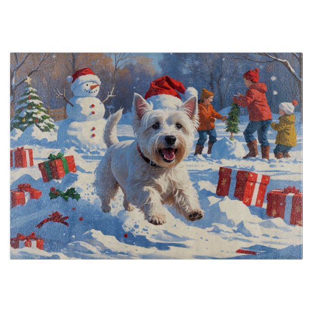 Westie Running in Snow with Christmas Hat Cutting Board (Front)