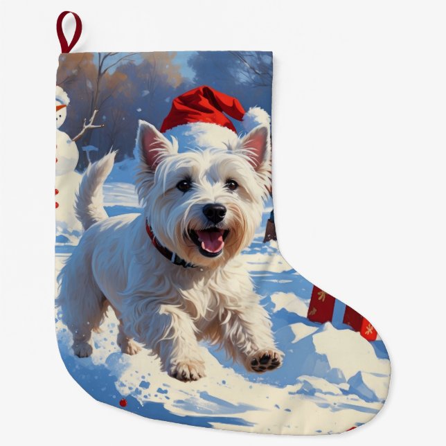 Westie Running in Snow with Christmas Hat Large Christmas Stocking (Front)
