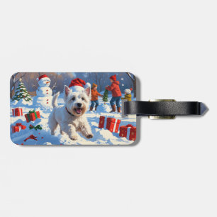 Westie Running in Snow with Christmas Hat Luggage Tag