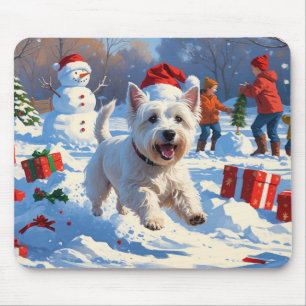 Westie Running in Snow with Christmas Hat Mouse Pad