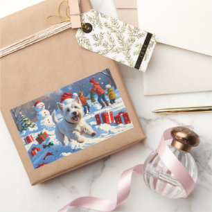 Westie Running in Snow with Christmas Hat Rectangular Sticker